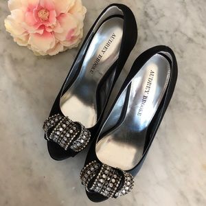 Audrey Brooke satin jeweled peep toe pumps